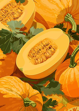 Spaghetti Squash and Pumpkins Illustration