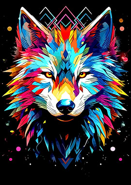 Colorful Wolf Portrait on Black Background
