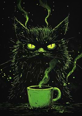 Green Cat with Coffee Cup