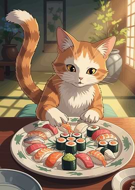Cat eating sushi cartoon illustration