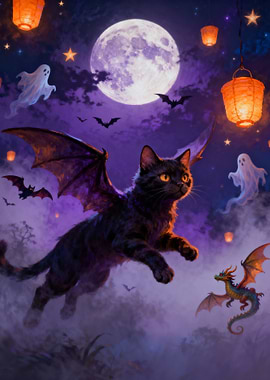 Halloween Night Cat with Bat Wings