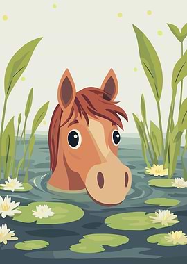 Cartoon Horse Swimming in a Pond