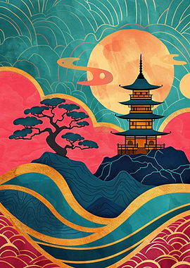 Pink& Turquoise Japanese Pagoda Landscape