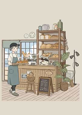 Cozy Bakery Scene with Cat