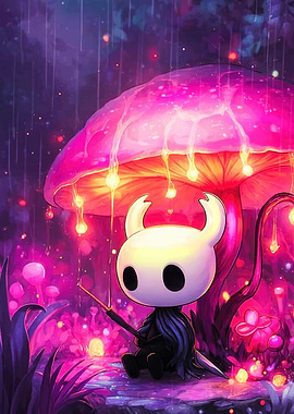 Hollow Knight under a glowing mushroom