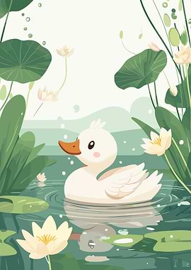 Cute Duck in Pond Illustration