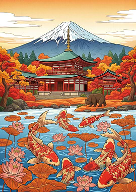 Japanese Temple Koi Pond and Bear