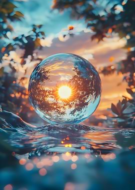 A floating glass orb contains a miniature sun.