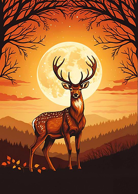 Deer in Autumn Landscape with Moon
