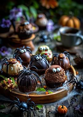 Halloween Spider Cupcakes on Wooden Tray