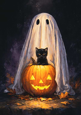 Ghost, Kitten, Halloween Pumpkin
