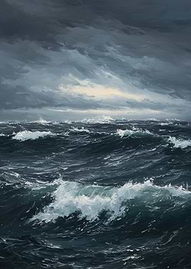 Stormy Ocean Painting with Dark Clouds