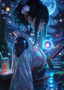 Cyberpunk Geisha with Katana and Moon