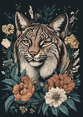 Bobcat Portrait with Floral Arrangement