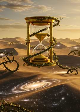 Hourglass in a surreal desert landscape