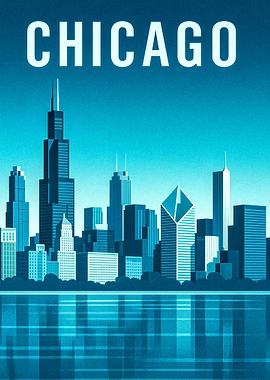 Chicago Skyline Illustration in Blue Tones