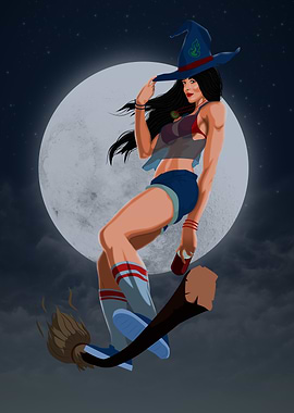 Modern Witch Flying on Broomstick