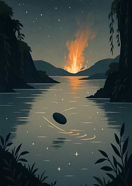 Night Lake with Fire and Stone