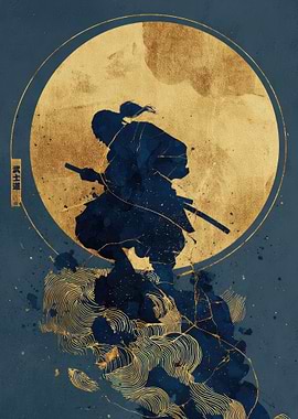 Samurai Silhouette Under Golden Moon