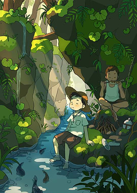 Boys Camping by a Stream