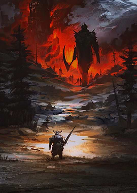 Fantasy Warrior Confronting Giant in Fiery Landscape