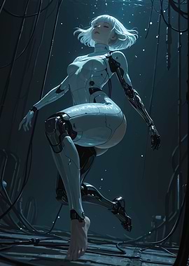 Cybernetic Woman in Dark Environment