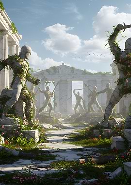 Ancient Warriors in Overgrown Ruins