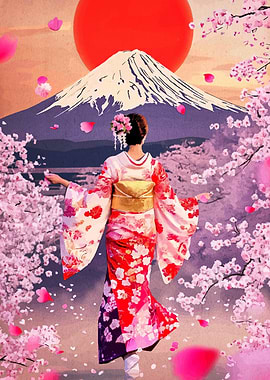 Japanese Woman in Kimono with Cherry Blossoms