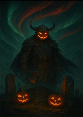 Halloween Viking Pumpkin Warrior in Graveyard