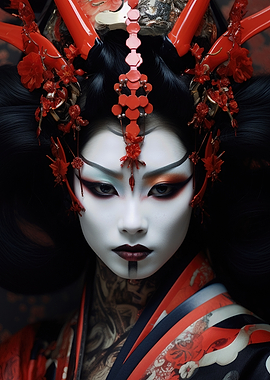 Geisha Portrait with Red and Black Headdress