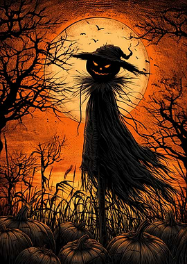 Halloween Scarecrow with Pumpkins and Moon