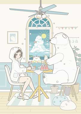 Girl and Bear Having Dessert Together