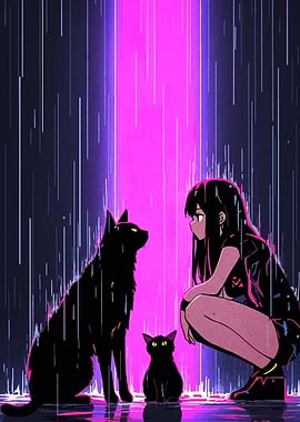 Anime Girl with Cats in Neon Rain