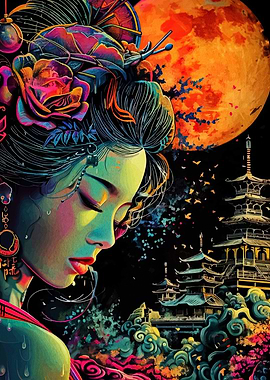 Colorful Geisha with Pagoda and Moon