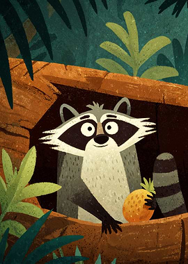 Cartoon Raccoon with Pineapple in Tree
