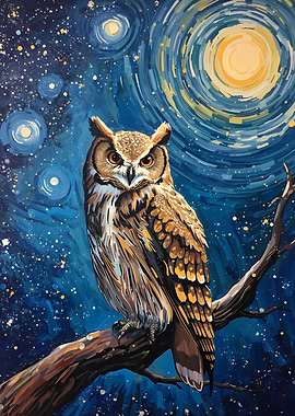 Owl in Starry Night Painting