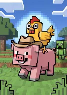 Minecraft Pig, Chicken, and Creeper Pixelated