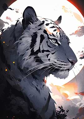 White Tiger with Moon Digital Art