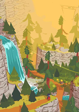 Stylized Landscape with Waterfall and Character