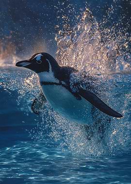 Penguin Splashing in Blue Water