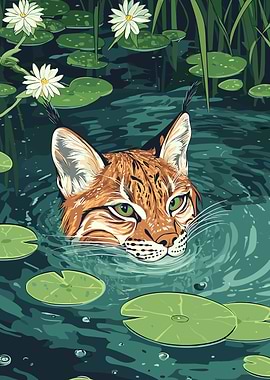 Lynx Swimming in a Lily Pond