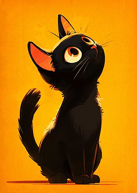 Cartoon Black Cat on Orange Background