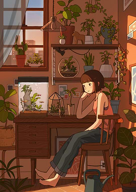 Girl with Plants and Aquarium