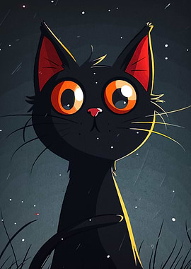 Cartoon Black Cat with Orange Eyes