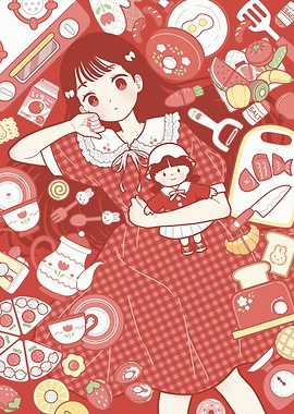 Red Kitchen Dreamscape with Girl and Doll