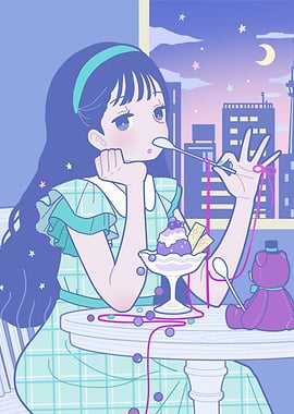 Girl with Dessert in Cityscape