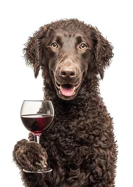 Curly-Coated Retriever dog with Wine Glass