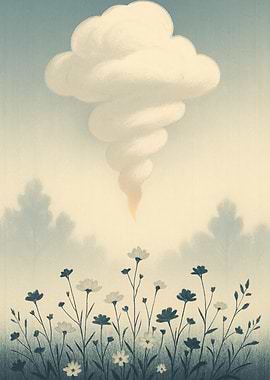 Whimsical Cloud Over Field of Flowers