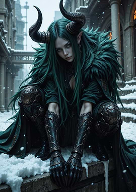 Horned Woman in Snowy Cityscape