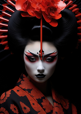 Geisha Portrait with Red and Black